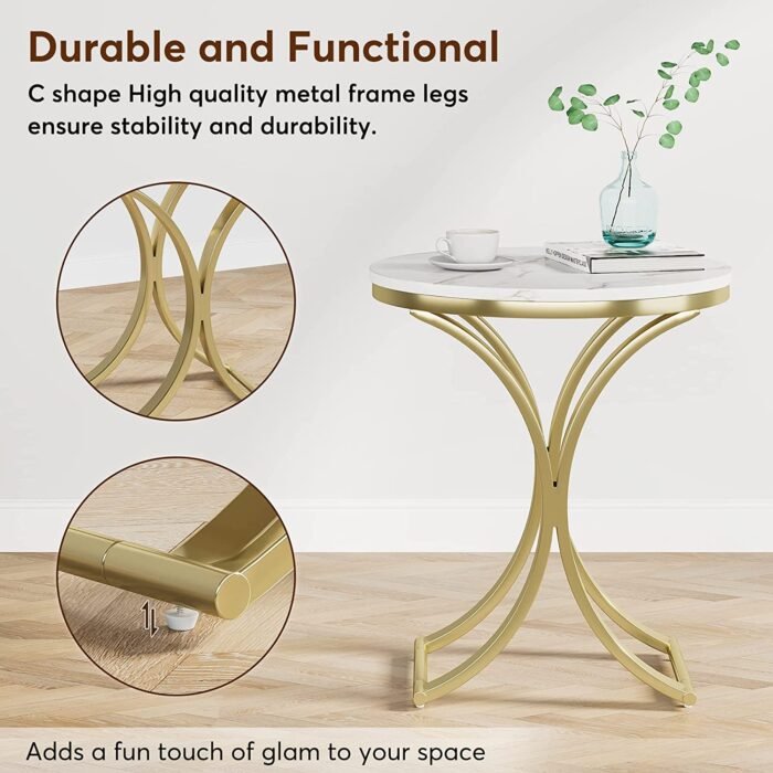 End Table, Round Sofa Side Table Coffee Table with Gold Metal Frame - Image 7