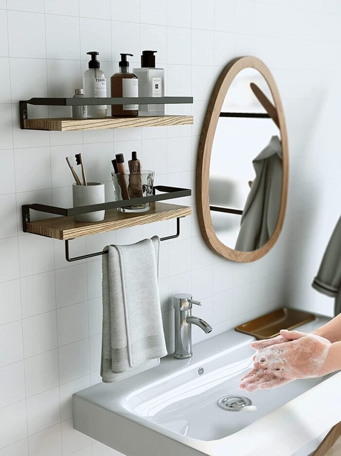 Wooden 2 Wall Shelf 42 cm, Shelf with Towel Holder - Image 6