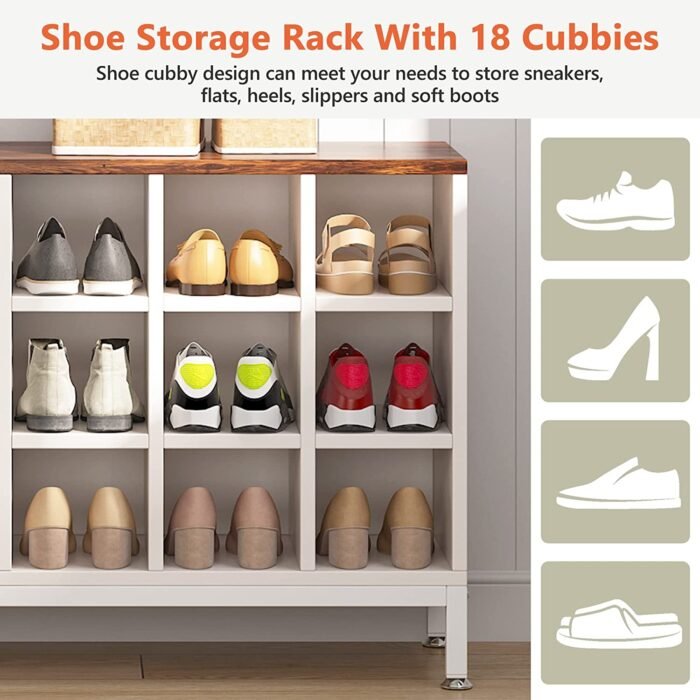 Coat Rack Shoe Bench Set, Hall Tree with Bench and 18 Shoe Cubbies - Image 6