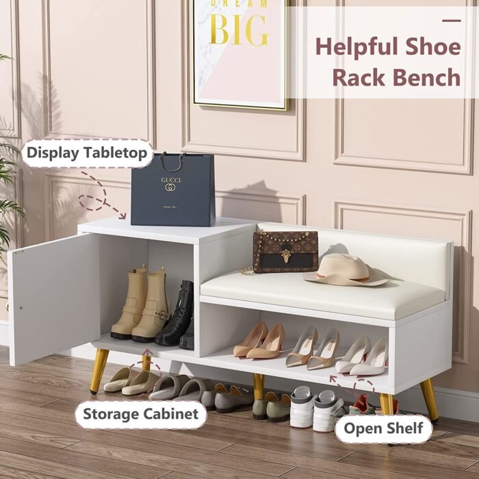 Shoe Bench, Entryway Storage Bench with Cabinet and Shelf - Image 6