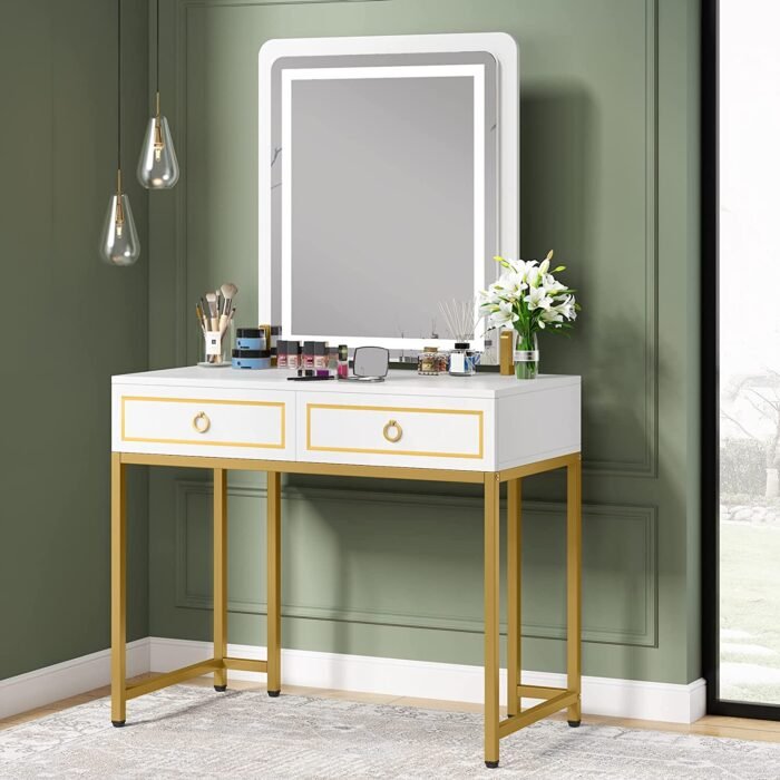 Vanity, Modern Makeup Vanity Table with LED Lights and 2 Drawers - Image 1