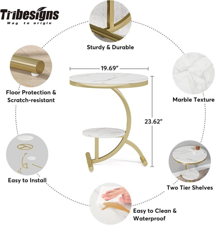 End Table, 2-Tier Round Faux Marble Sofa Side Table - Image 6