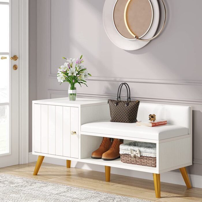 Shoe Bench, Entryway Storage Bench with Cabinet and Shelf - Image 1
