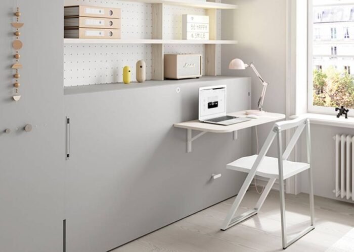 Horizontal folding bed with desk from the UD series, with corner wardrobe and stacked bookcase - Image 1