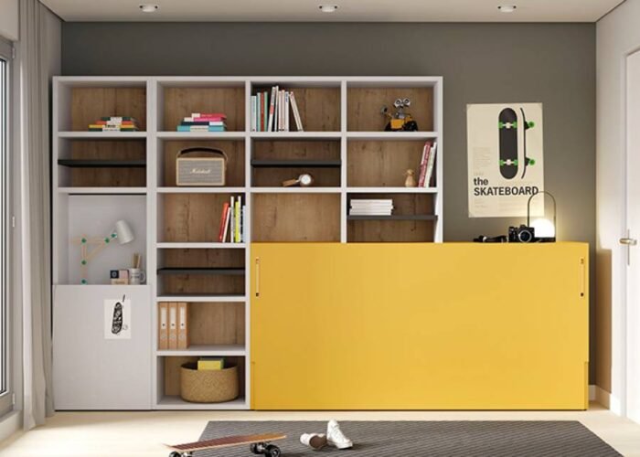 Horizontal folding bed with asymmetrical bookcase and extendable table - Image 1
