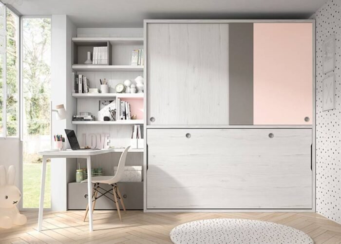 Horizontal folding bed with upper wardrobe with sliding doors - Image 2