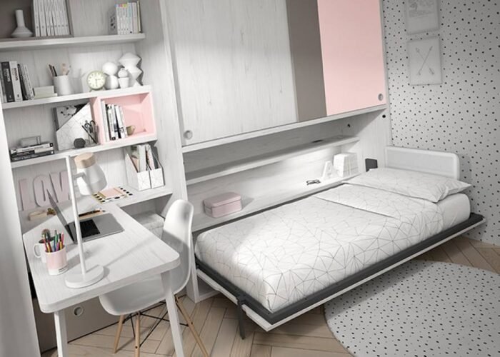 Horizontal folding bed with upper wardrobe with sliding doors - Image 3