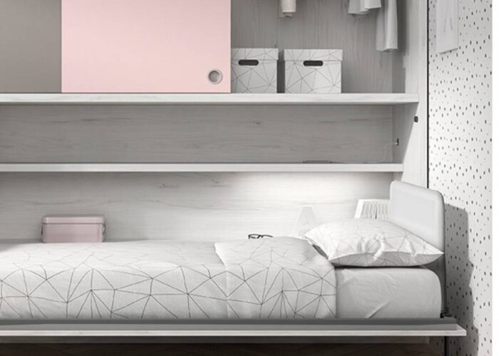 Horizontal folding bed with upper wardrobe with sliding doors - Image 1