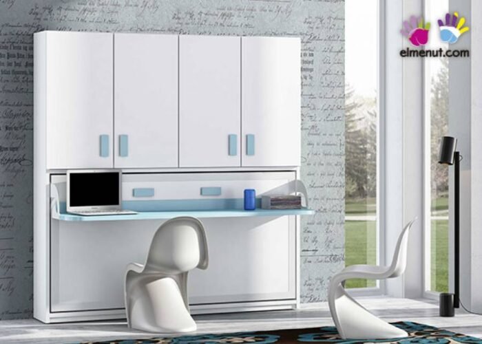 Horizontal folding bed with desk and 4-door wardrobe - Image 1