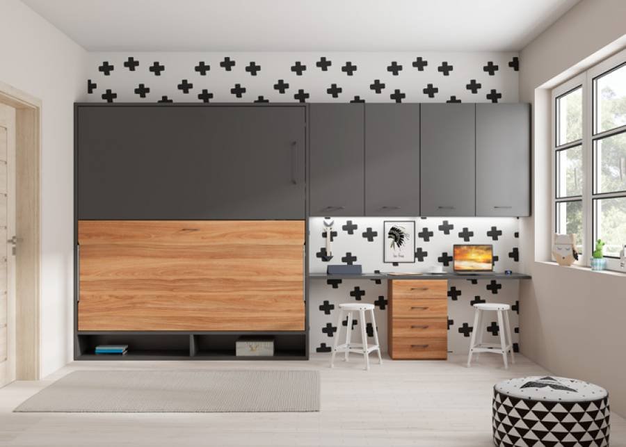 7745-litera-abatible-horizontal-con-huecos-decorativos-y-zona-estudio.jpg Horizontal folding bunk bed with study area and hanging wardrobes - Image 1