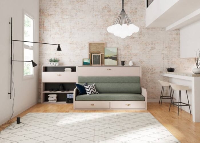 Horizontal folding bed with integrated sofa and study table - Image 1