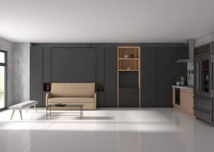 Folding double bed with sofa, wardrobes and extendable table