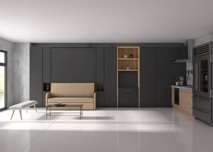 Folding double bed with sofa, wardrobes and extendable table - Image 1