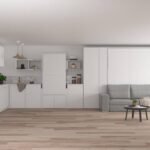 Vertical folding double bed with sofa, folding table and wardrobe