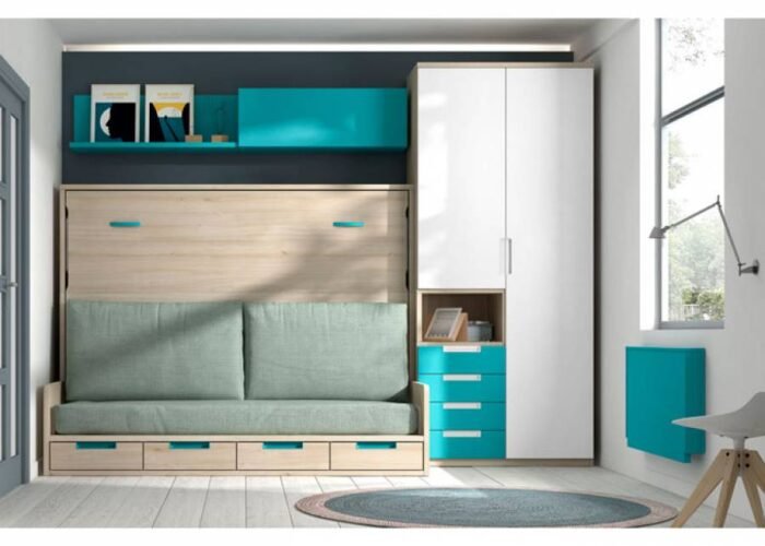 Bedroom-study with horizontal folding bed with sofa and wardrobe. - Image 1