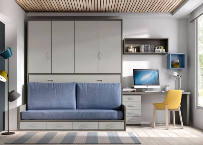 Bedroom-study with horizontal folding bed with sofa and wardrobe. - Image 1