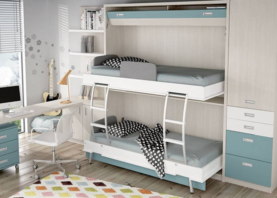 7926-dormitorio-infantil-con-litera-abatible-armario-y-escritorio.jpg Children's bedroom with fold-down bunk bed + wardrobe and desk. - Image 1