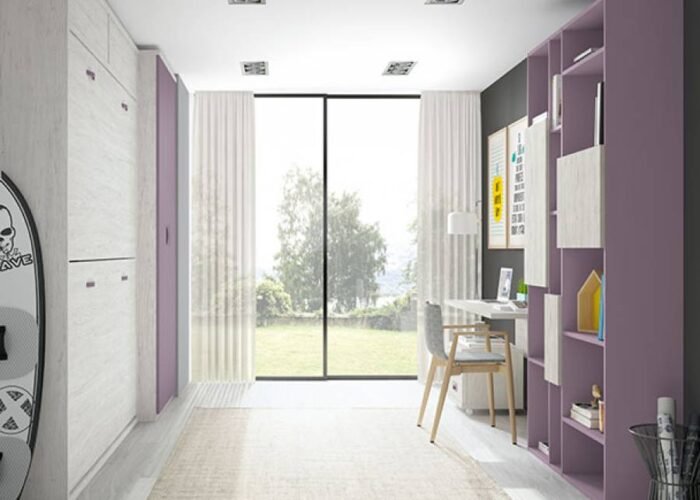 Children's bedroom with folding bunk beds and study area. - Image 1