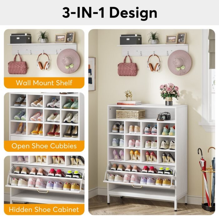 Shoe Cabinet, 3-in-1 Shoe Rack with Coat Rack & Flip Door - Image 7