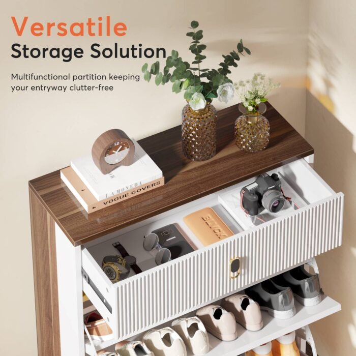 Shoe Cabinet, Slim Shoe Organizer Cabinet with 2 Flip Drawers - Image 6