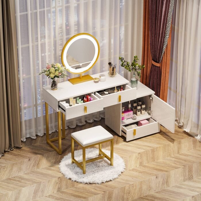Vanity, Makeup Dressing Table with 3-Color Touch Screen Lighted Mirror - Image 4