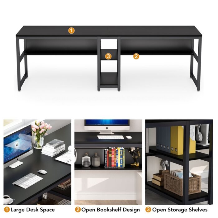 Two Person Desk, Computer Desk Double Workstation with Shelves - Image 8