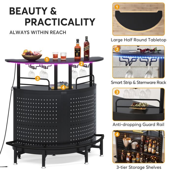 Smart Bar Unit with Led Lights, 3-Tier Liquor Bar Table - Image 7