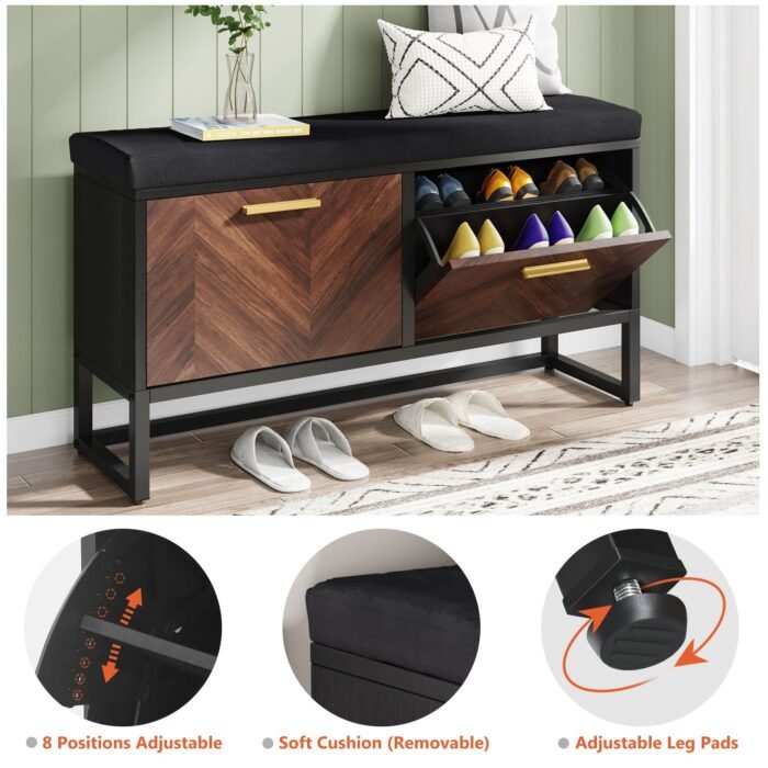 Shoe Bench, 2 Flip Drawers Shoe Rack Organizer with Adjustable Shelves - Image 7