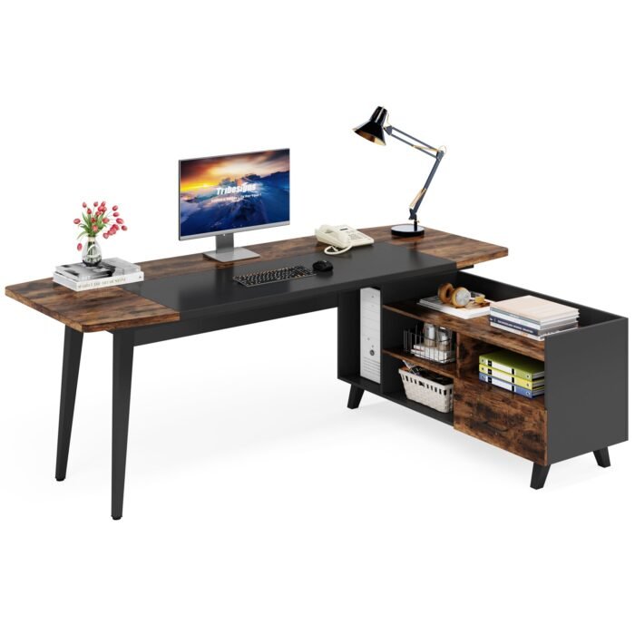 70.9? L-Shaped Executive Desk, Large Computer Desk with 47? File Cabinet - Image 1