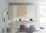 Horizontal folding bed with desk and upper wardrobe with sliding doors - Image 2