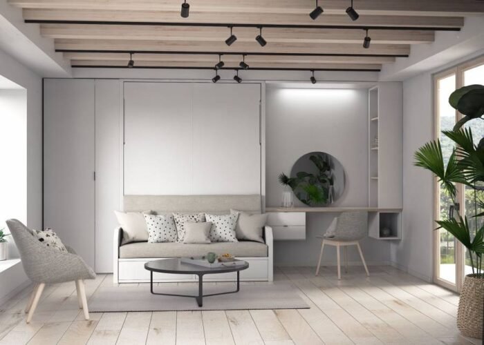 Bedroom with fold-out sofa, desk, in Nordic style - Image 1