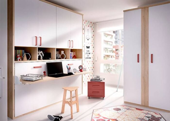 Horizontal folding bed with upper wardrobe and intermediate bookcase - Image 1