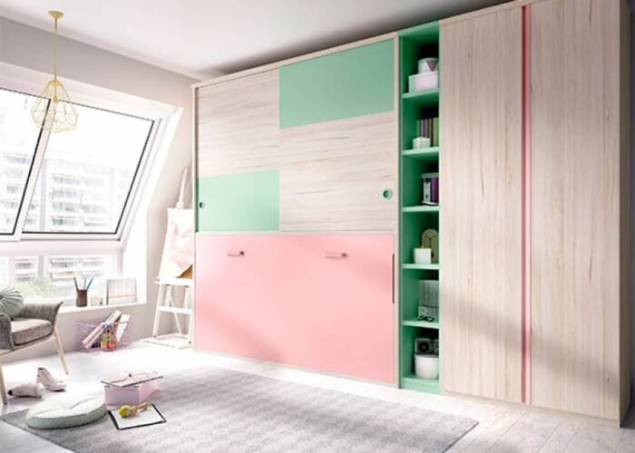 Horizontal folding bed with upper wardrobe with sliding doors - Image 1