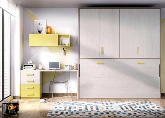 Horizontal folding bed with 4-door folding upper wardrobe - Image 1