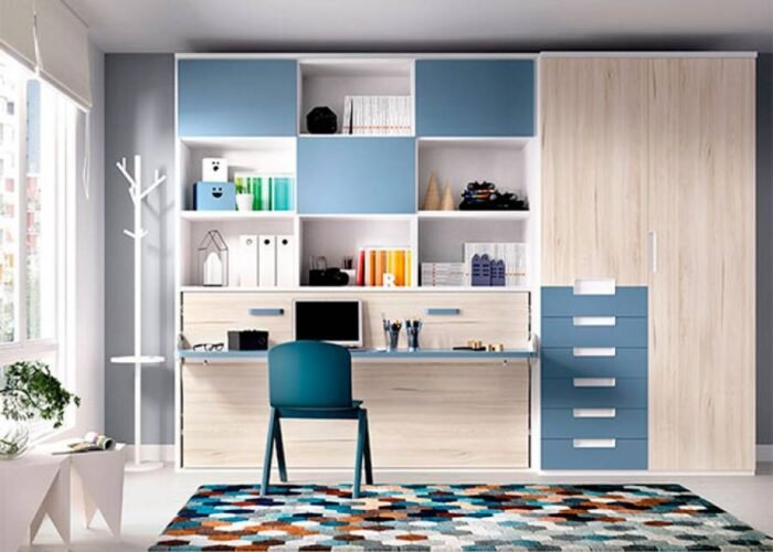 Horizontal folding bed with folding desk, wardrobe and bookcase - Image 1