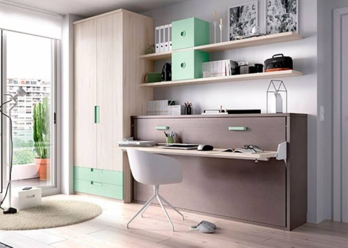 Horizontal folding bed with folding desk, wardrobe and shelves - Image 1