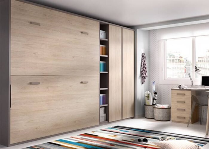 Children's bedroom with horizontal folding bunk bed and study area - Image 1