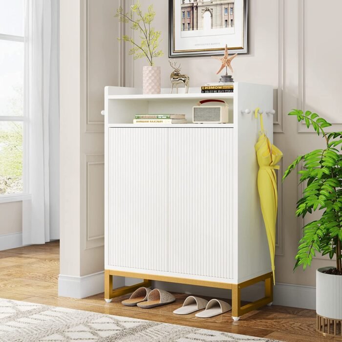 Shoe Cabinet, Freestanding Shoe Organizer with Open Shelves & Hooks - Image 1