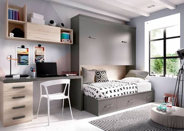 High horizontal folding bed + lower trundle of drawers and desk - Image 1