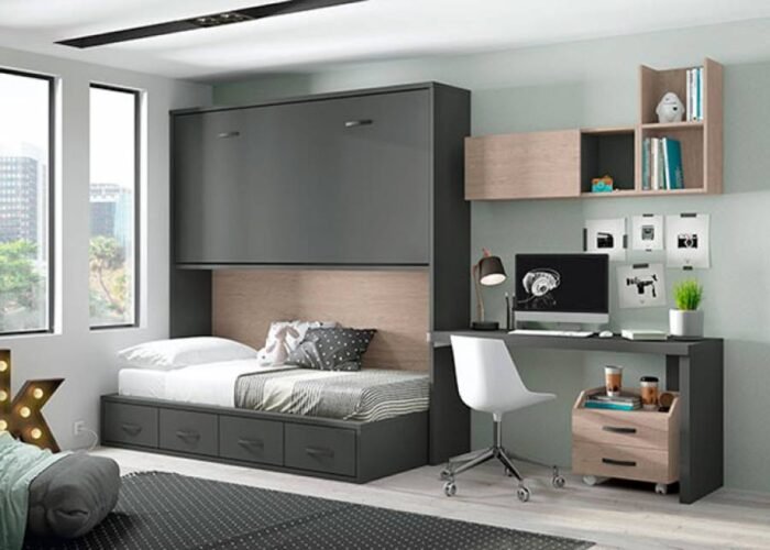 High horizontal folding bed with compact 4-drawer base. - Image 1
