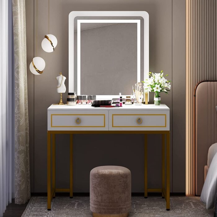 Vanity, Modern Makeup Vanity Table with LED Lights and 2 Drawers - Image 4