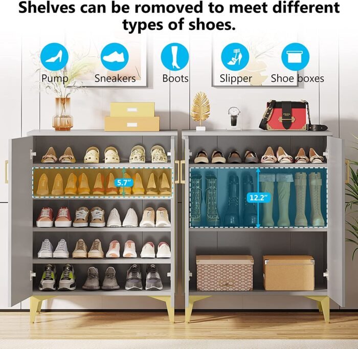 Shoe Cabinet, 5-Tier Shoe Rack Organizer with Removable Shelves & Doors - Image 6