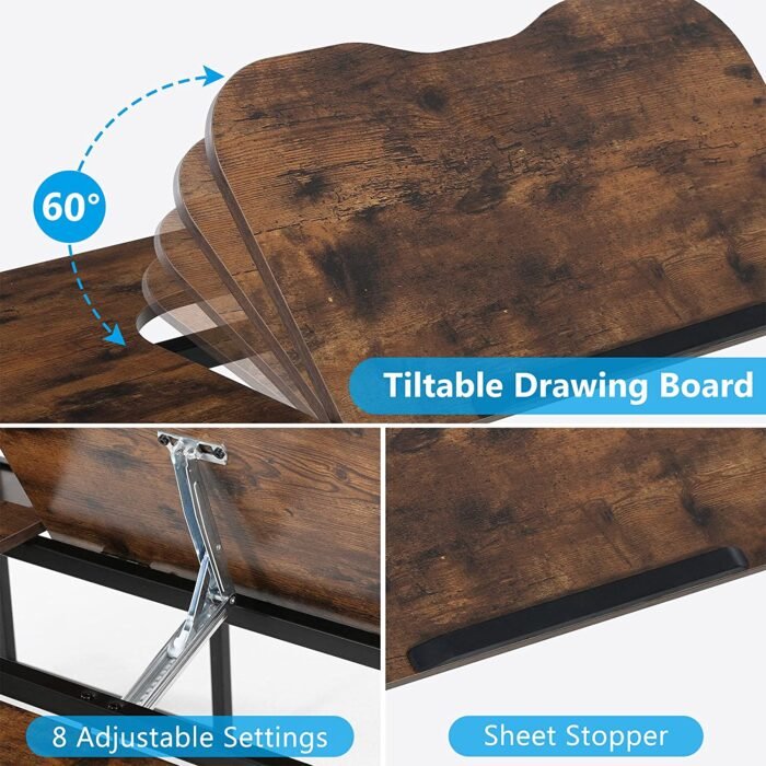 U-Shaped Desk with Bookshelf and Tiltable Drawing Board - Image 7