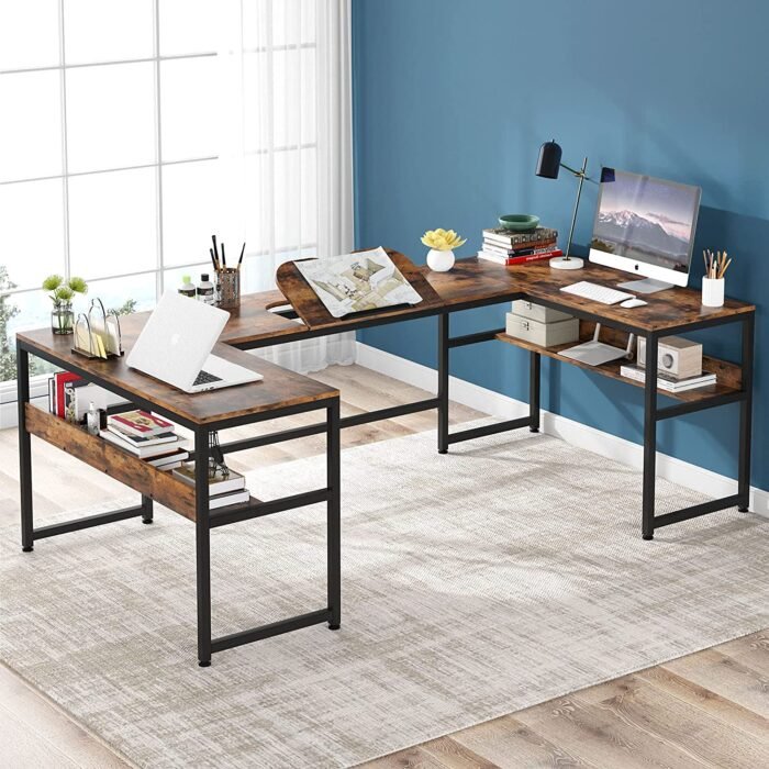 U-Shaped Desk with Bookshelf and Tiltable Drawing Board - Image 5