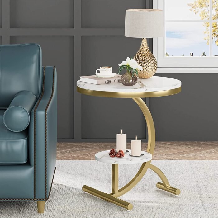 End Table, 2-Tier Round Faux Marble Sofa Side Table - Image 1