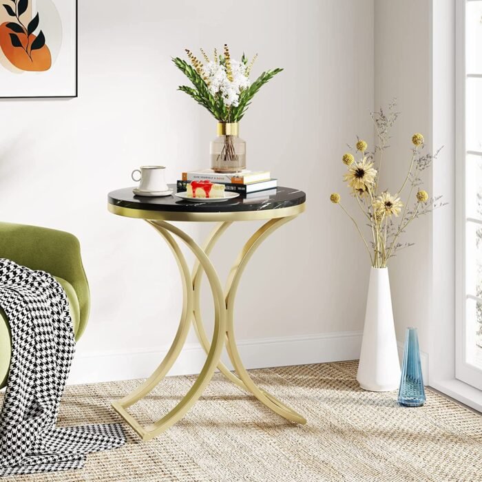 End Table, Round Sofa Side Table Coffee Table with Gold Metal Frame - Image 1