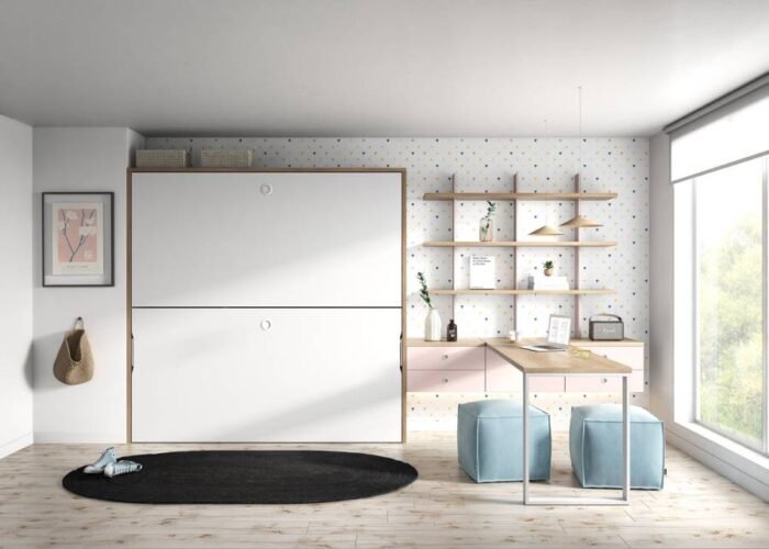 Children's room with folding bunk bed and adjustable bookshelf - Image 1