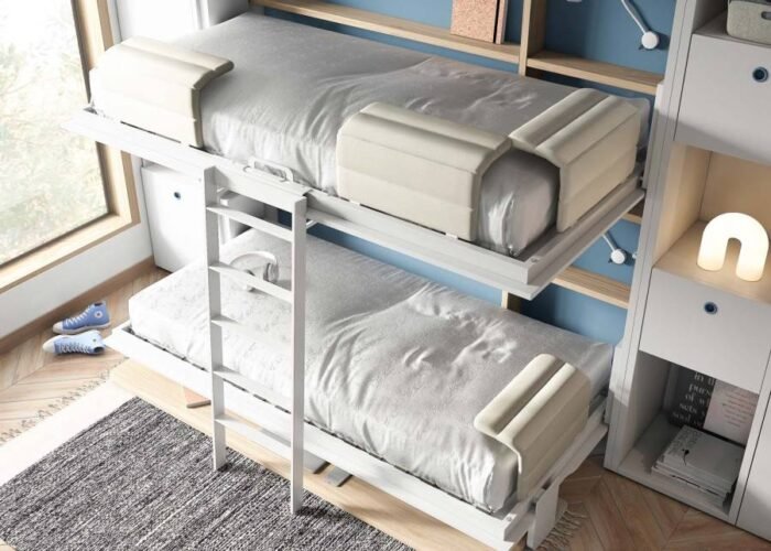 Horizontal folding children's bunk bed with integrated table - Image 2