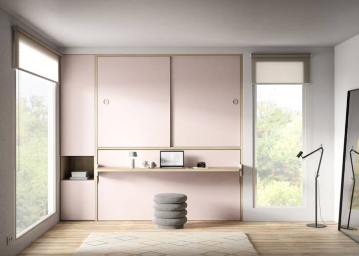 Horizontal folding bed with integrated table and sliding wardrobe - Image 2