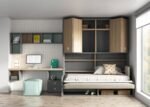 Sofa with fold-down bed, wardrobe with folding doors and desk